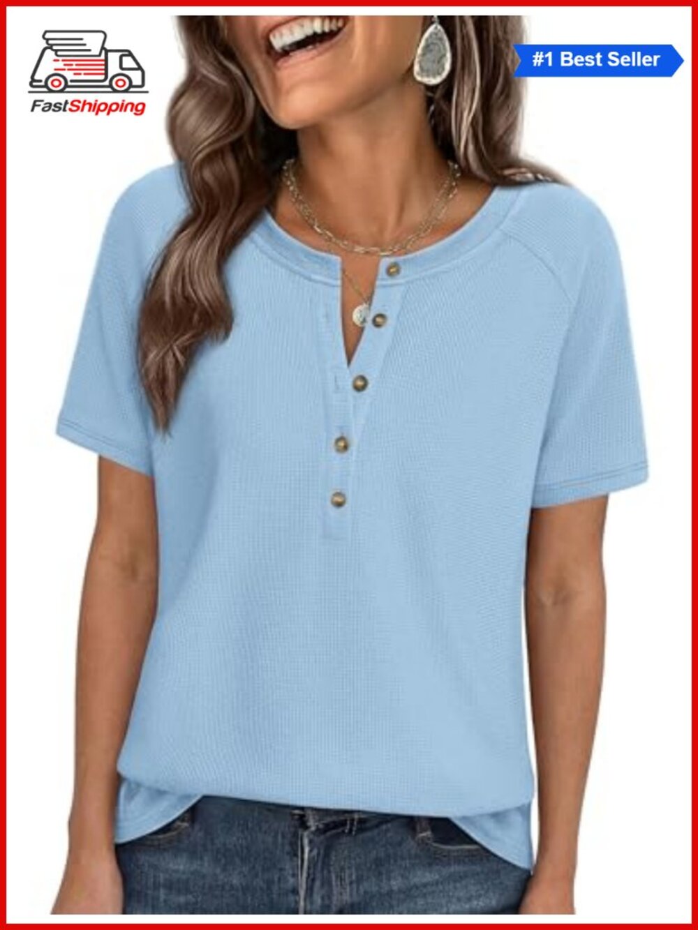 ✨ PRETTYGARDEN Waffle Knit Henley Short Sleeve Women's Top